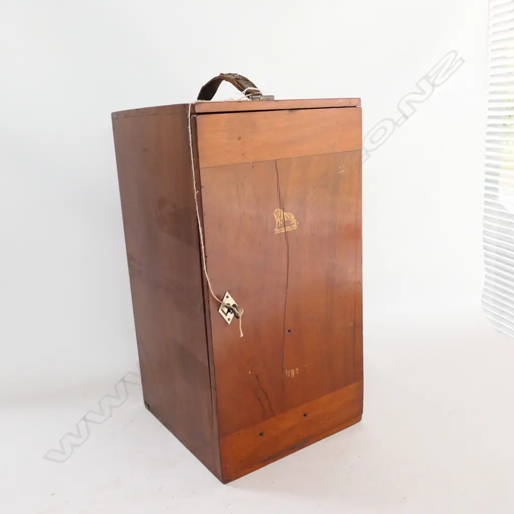 MAHOGANY CASED HIGH POWER BINOCULAR MICROSCOPE by W. WATSON & SONS LTD., LONDON , c.1946 Image 1++